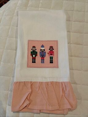 Source Unknown White Kitchen Towel with Pink Nutcracker Patch and Pink Ruffle